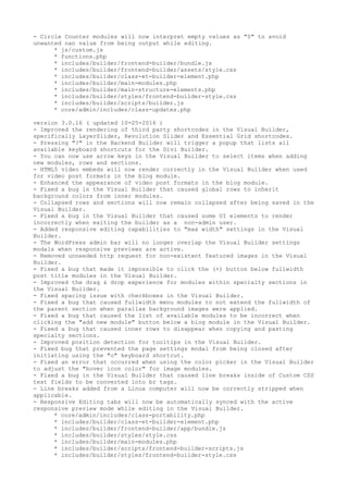 - Circle Counter modules will now interpret empty values as "0" to avoid
unwanted nan value from being output while editing.
* js/custom.js
* functions.php
* includes/builder/frontend-builder/bundle.js
* includes/builder/frontend-builder/assets/style.css
* includes/builder/class-et-builder-element.php
* includes/builder/main-modules.php
* includes/builder/main-structure-elements.php
* includes/builder/styles/frontend-builder-style.css
* includes/builder/scripts/builder.js
* core/admin/includes/class-updates.php
version 3.0.16 ( updated 10-25-2016 )
- Improved the rendering of third party shortcodes in the Visual Builder,
specifically LayerSlider, Revolution Slider and Essential Grid shortcodes.
- Pressing "?" in the Backend Builder will trigger a popup that lists all
available keyboard shortcuts for the Divi Builder.
- You can now use arrow keys in the Visual Builder to select items when adding
new modules, rows and sections.
- HTML5 video embeds will now render correctly in the Visual Builder when used
for video post formats in the blog module.
- Enhanced the appearance of video post formats in the blog module.
- Fixed a bug in the Visual Builder that caused global rows to inherit
background colors from inner modules.
- Collapsed rows and sections will now remain collapsed after being saved in the
Visual Builder.
- Fixed a bug in the Visual Builder that caused some UI elements to render
incorrectly when exiting the builder as a non-admin user.
- Added responsive editing capabilities to "max width" settings in the Visual
Builder.
- The WordPress admin bar will no longer overlap the Visual Builder settings
modals when responsive previews are active.
- Removed unneeded http request for non-existent featured images in the Visual
Builder.
- Fixed a bug that made it impossible to click the (+) button below fullwidth
post title modules in the Visual Builder.
- Improved the drag & drop experience for modules within specialty sections in
the Visual Builder.
- Fixed spacing issue with checkboxes in the Visual Builder.
- Fixed a bug that caused fullwidth menu modules to not extend the fullwidth of
the parent section when parallax background images were applied.
- Fixed a bug that caused the list of available modules to be incorrect when
clicking the "add new module" button below a blog module in the Visual Builder.
- Fixed a bug that caused inner rows to disappear when copying and pasting
specialty sections.
- Improved position detection for tooltips in the Visual Builder.
- Fixed bug that prevented the page settings modal from being closed after
initiating using the "o" keyboard shortcut.
- Fixed an error that occurred when using the color picker in the Visual Builder
to adjust the "hover icon color" for image modules.
- Fixed a bug in the Visual Builder that caused line breaks inside of Custom CSS
text fields to be converted into br tags.
- Line breaks added from a Linux computer will now be correctly stripped when
applicable.
- Responsive Editing tabs will now be automatically synced with the active
responsive preview mode while editing in the Visual Builder.
* core/admin/includes/class-portability.php
* includes/builder/class-et-builder-element.php
* includes/builder/frontend-builder/app/bundle.js
* includes/builder/styles/style.css
* includes/builder/main-modules.php
* includes/builder/scripts/frontend-builder-scripts.js
* includes/builder/styles/frontend-builder-style.css
 