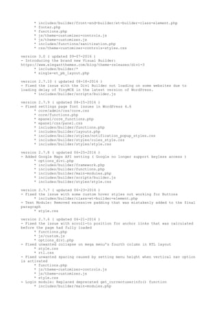 * includes/builder/front-end-builder/et-builder-class-element.php
* footer.php
* functions.php
* js/theme-customizer-controls.js
* js/theme-customizer.js
* includes/functions/sanitization.php
* css/theme-customizer-controls-styles.css
version 3.0 ( updated 09-07-2016 )
- Introducing the brand new Visual Builder:
https://www.elegantthemes.com/blog/theme-releases/divi-3
* includes/builder/*
* single-et_pb_layout.php
version 2.7.10 ( updated 08-18-2016 )
- Fixed the issue with the Divi Builder not loading on some websites due to
loading delay of TinyMCE in the latest version of WordPress.
* includes/builder/scripts/builder.js
version 2.7.9 ( updated 08-15-2016 )
- Fixed settings page font issues in WordPress 4.6
* core/admin/css/core.css
* core/functions.php
* epanel/core_functions.php
* epanel/css/panel.css
* includes/builder/functions.php
* includes/builder/layouts.php
* includes/builder/styles/notification_popup_styles.css
* includes/builder/styles/roles_style.css
* includes/builder/styles/style.css
version 2.7.8 ( updated 06-25-2016 )
- Added Google Maps API setting ( Google no longer support keyless access )
* options_divi.php
* includes/builder/framework.php
* includes/builder/functions.php
* includes/builder/main-modules.php
* includes/builder/scripts/builder.js
* includes/builder/styles/style.css
version 2.7.7 ( updated 06-23-2016 )
- Fixed the issue with some custom hover styles not working for Buttons
* includes/builder/class-et-builder-element.php
- Text Module: Removed excessive padding that was mistakenly added to the final
paragraph
* style.css
version 2.7.6 ( updated 06-21-2016 )
- Fixed the issue with scroll-to position for anchor links that was calculated
before the page had fully loaded
* functions.php
* js/custom.js
* options_divi.php
- Fixed unwanted collapse on mega menu's fourth column in RTL layout
* style.css
* rtl.css
- Fixed unwanted spacing caused by setting menu height when vertical nav option
is activated
* functions.php
* js/theme-customizer-controls.js
* js/theme-customizer.js
* style.css
- Login module: Replaced deprecated get_currentuserinfo() function
* includes/builder/main-modules.php
 
