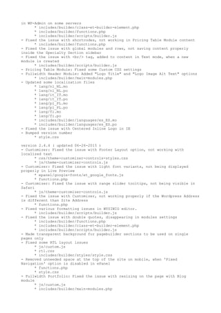 in WP-Admin on some servers
* includes/builder/class-et-builder-element.php
* includes/builder/functions.php
* includes/builder/scripts/builder.js
- Fixed the issue with shortcodes, not working in Pricing Table Module content
* includes/builder/functions.php
- Fixed the issue with global modules and rows, not saving content properly
inside the Specialty Section sidebar
- Fixed the issue with <br/> tag, added to content in Text mode, when a new
module is created
* includes/builder/scripts/builder.js
- Pricing Table Module: Fixed some Custom CSS settings
- Fullwidth Header Module: Added "Logo Title" and "Logo Image Alt Text" options
* includes/builder/main-modules.php
- Updated some localization files
* lang/nl_NL.mo
* lang/nl_NL.po
* lang/it_IT.mo
* lang/it_IT.po
* lang/pl_PL.mo
* lang/pl_PL.po
* lang/fi.mo
* lang/fi.po
* includes/builder/languages/es_ES.mo
* includes/builder/languages/es_ES.po
- Fixed the issue with Centered Inline Logo in IE
- Bumped version number
* style.css
version 2.4.4 ( updated 06-26-2015 )
- Customizer: Fixed the issue with Footer Layout option, not working with
localized text
* css/theme-customizer-controls-styles.css
* js/theme-customizer-controls.js
- Customizer: Fixed the issue with light font variants, not being displayed
properly in Live Preview
* epanel/google-fonts/et_google_fonts.js
* functions.php
- Customizer: Fixed the issue with range slider tooltips, not being visible in
Safari
* js/theme-customizer-controls.js
- Fixed the issue with Customizer, not working properly if the Wordpress Address
is different than Site Address
* functions.php
- Fixed various formatting issues in WYSIWIG editor.
* includes/builder/scripts/builder.js
- Fixed the issue with double quotes, disappearing in modules settings
* includes/builder/functions.php
* includes/builder/class-et-builder-element.php
* includes/builder/scripts/builder.js
- Made transparent background for pagebuilder sections to be used on single
pages only
- Fixed some RTL layout issues
* js/custom.js
* rtl.css
* includes/builder/styles/style.css
- Removed unneeded space at the top of the site on mobile, when 'Fixed
Navigation' option is disabled in ePanel
* functions.php
* style.css
- Fullwidth Portfolio: Fixed the issue with resizing on the page with Blog
module
* js/custom.js
* includes/builder/main-modules.php
 