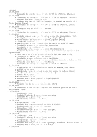 [Mooka]
20/05/2009
      * Correção de acordo com a revisão 13799 do eAthena. [Puncker]
19/05/2009
      * Correções do changeset 13796 até o 13798 do eAthena. [Puncker]
      * Revisão dos quest/bRO_Exp [Asus]
      * Revisão dos outros/turbotrack/Expert_4, Expert_8, Expert_16 e
Turbo_Track. [Mara]
      * Correções do changeset 13778 até o 13795 do eAthena. [Asus]
17/05/2009
      * Corrigido Bug em banco.txt. [Heaven]
15/05/2009
      * Correções do changeset 13772 até o 13777 do eAthena. [Puncker]
14/05/2009
      * Enviado alguns arquivos faltantes ainda não traduzidos. [RoM]
      * Corrigido mensagens de erros na Copialação [Asus]
      * Atualizações de Bard_quest e Quest_juperos [Asus]
      * Correções [Puncker]
      - Readicionada a habilidade Escudo Refletor ao monstro Kasa;
      - Corrigido alguns erros no script_commands;
      - Corrigido o SC_BOSSMAPINFO;
      - Adicionada novas linhas em alguns ShowWarning();
      - Espírito do Bardo e Odalisca agora só funciona com as habilidades
aprendidas;
      - Dano feito pelo próprio monstro agora não vai para o log;
      - Corrigido o 'awake' não funcionando;
      - Corrigido alguns problemas com o npctimer;
      - Agora os jogadores não podem ser revividos durante o delay no PvP;
      - Removido item duplicado no item_trade;
      - Correções do changeset 13709 até o 13771 do eAthena.
03/05/2009
      * Atualização no armanezamento da senha em #kafra_code [Asus]
      - r13719 do eAthena
      * Adicionada variavél setada porém não usada no refine [Asus]
      * Atualização do socket_enchant.txt [Asus]
      - r13721 do eAthena
      * Atualizações: [Asus]
      - Revisão dos classe/aprendiz e superaprendiz
      - warp/pvp/pvp.txt
02/05/2009
      * Revisão rápida da pasta npc/guild2. [RoM]
01/05/2009
      * Terminada a revisão dos arquivos que estavam prontos da pasta
npc/outros. [RoM]
30/04/2009
      * Correções: [RoM]
      - Revisão/Tradução de mais alguns scripts.
      - Correção de alguns scripts.
      - Atualização conforme o eAthena.
28/04/2009
      * Atualizações: [Asus]
      - Revisão dos classe/espadachim, mago e noviço
      * Implementado woe_setter_se [Heaven]
      * Correções: [RoM]
      - Revisão/Tradução de mais alguns scripts.
      - Atualização conforme o eAthena.
26/04/2009
      * Correções: [RoM]
      - Revisão/Tradução de mais alguns scripts.
      - Atualização conforme o eAthena.
      * Atualizações: [Asus]
      - Revisão dos scripts da Cidades ayothaya, einbroch, kunlun e umbala.
      - Revisão dos classe/justiceiro e ninja.
25/04/2009
 