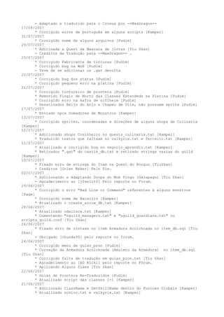 - Adaptado e traduzido para o Cronus por -=MaxDragon=-
17/08/2007
      * Corrigido erros de português em alguns scripts [Kamper]
31/07/2007
      * Corrigido nome de alguns arquivos [Pudim]
29/07/2007
      * Adicinada a Quest da Mascara de jirtas [Tiu Skan]
      - Créditos da Tradução para -=MaxDragon=- .
25/07/2007
      * Corrigido Fabricante de tinturas [Pudim]
      * Corrigido bug na WoE [Pudim]
      - Teve de se adicionar os .gat devolta
22/07/2007
      * Corrigido bug dos status [Pudim]
      * Corrigido pequeno erro na platina [Pudim]
21/07/2007
      * Corrigido tintureiro de prontera [Pudim]
      * Removido Fingir de Morto das Classes Extendeds na Platina [Pudim]
      * Corrigido erro na kafra de niflheim [Pudim]
      * Desativados Beijo do Anjo e Chapeu de Ulle, não possuem sprite [Pudim]
17/07/2007
      * Enviado npcs Domadores de Monstros [Kamper]
13/07/2007
      * Corrigido sprites, coordenadas e direções de alguns shops de Culinária
[Kamper]
12/07/2007
      * Adicionado shops Cozinheiro no quests_culinaria.txt [Kamper]
      * Traduzido textos que faltaam no valkyrie.txt e ferreito.txt [Kamper]
11/07/2007
      * Atualizado e corrigido bug no negocio_aprendiz.txt [Kamper]
      * Retirados ".gat" do castle_db.txt e retirado strings vazias do guild
[Kamper]
10/07/2007
      * Fixado erro de entrega do Item na Quest do Bongun [TiuSkan]
      - Creditos [Golen Maker] Pelo Fix.
02/07/2007
      * Adicionando e Adaptando Drops do Mob Pingu (Galapago) [Tiu Skan]
      - Agradecimento ao [j0selit0] Pelo reporte no Forum.
29/06/2007
      * Corrigido o erro "Bad Line or Command" referentes à alguns monstros
[Page]
      * Corrigido nome de Bacsojin [Kamper]
      * Atualizado o create_arrow_db.txt [Kamper]
28/06/2007
      * Atualizado odalisca.txt [Kamper]
      * Comentando "nguild_managers.txt" e "nguild_guardians.txt" no
scripts_guild.conf [Tiu Skan]
26/06/2007
      * Fixado erro de sintaxe no item Armadura Acolchoada no item_db.sql [Tiu
Skan]
      - Obrigado [chunda99] pelo reporte no forum.
24/06/2007
      * Corrigido menu de guias_pron [Pudim]
      * Correção da Armadura Acolchoada (Amuleto da Armadura) no item_db.sql
[Tiu Skan]
      * Corrigido falta de tradução em guias_pron.txt [Tiu Skan]
      - Agradecimento ao [AD Ricki] pelo reporte no Fórum.
      * Aplicando Alguns fixes [Tiu Skan]
22/06/2007
      * Guias de Prontera Re-Traduzidos [Pudim]
      * Atualizado script das classes 1-1 [Kamper]
21/06/2007
      * Adicionado ClassName e GetSkillName dentro do Funcoes Globais [Kamper]
      * Atualizado novico.txt e valkyrie.txt [Kamper]
 