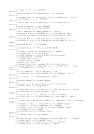 * Correção no Forjamento [Hildds]
19/10/2006
      * Portal da Fabrica de Brinquedos corrigido [Hildds]
18/10/2006
      * Atualizando pacotes (packet_db), Baseado no eAthena 9010[Snails]
      * Script Adoção corrigido. [Hildds]
18/10/2006
      * Inserida Tabelas de SQL para Reparo e Otimização [Banned]
17/10/2006
      * Assalto do falcão corrigido [Hildds]
      * Drop Concertado do Angeling [Hildds]
17/10/2006
      * Feita a tradução do subnet_athena.conf [vdg007]
      * Terminada a tradução do player.conf na pasta battle [vdg007]
      * Terminanda a tradução do items.conf na pasta battle [vdg007]
15/10/2006
      * Renomeando "athena-start" para "cronus-start" [Snails]
      * Renomeando o Changelog de "Changelog-SVN.txt" para "Changelog-
Stable.txt"
      - Esperança de um "Trunk"?[Snails]
14/10/2006
      * Atualizado Funções de Tesouro nas GC [Mehah]
11/10/2006
      * Atualizado Comandos de Script(documento) [Mehah]
      * Atualizado arquivos da SQL [Mehah]
      * Corrigido Santuario, agora é requerido gema [Mehah]
      * Corrigido Item Misc [Mehah]
      * Atualizado Const [Mehah]
      * Atualizado Pacotes [Mehah]
      * Adaptado Conf [Mehah]
      # Atualizado Cronus para revisão 8970 do eathena [Mehah]
      OBS: Essas modificações ainda esta em fase de teste então se quiser
estabilidade utilize a Revisão 947(-)
08/10/2006
      * Corrigido warp de lutie dun (eu axo) [Pudim]
      * Corrigido Warp Glast Heim e Lutie (obrigado olivete) [vdg007]
07/10/2006
      * Enviado Jawaii totalmente traduzido [Kamper]
27/09/2006
      * Corrigido nosave nos castelo [Mehah]
18/09/2006
      * Corrigido crash do empire? Precisa de Testes! [Mehah]
      * Corrigido mapas com no-pvp [Mehah]
17/09/2006
      * Arrumado grafia de alguns callfuncs na quest de mercenario [Pudim]
      * Corrigido erro de escrita em Payon [vdg007]
15/09/2006
      * Corrigido warp de lutie, denovo, estranhu !!! [Pudim]
      * Corrigido Luz Divina no habilidades de platina grátis [Kamper]
12/09/2006
      * Traduzido uma grande parte do player.conf (pretendo terminar até amanhã)
[vdg007]
      * Terminada a tradução do misc.conf da pasta battle [vdg007]
      * Atualizado o item_db.sql conforme o txt [Kamper]
      * Adicionado novos itens do BRO e itens que faltavam [Kamper]
      * Fixado warps em Loop [Kamper]
      * Readicionado itens que faltavam [Kamper]
11/09/2006
      * Totalmente traduzido Payon [Kamper]
10/09/2006
      * Retirado as habilidades inexistentes do mob_skill_db2.txt [Kamper]
      * Corrigido erros no item_db.sql [Kamper]
      * Corrigido Garrafa de Veneno em item_db.sql [Kamper]
      * Adicionado Star Gladiator na exp.txt [Kamper]
 