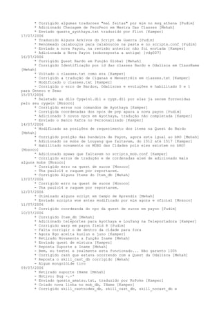 * Corrigido algumas traducoes "mal feitas" por mim no msg_athena [Pudim]
      * Adicionado Checagem de PecoPeco em Mestra Das Classes [Mehah]
      * Enviado quests_ayothaya.txt traduzido por Flint [Kamper]
17/07/2006
      * Traduzido Alguns Arkivos do Script de Guerra [Pudim]
      * Renomeado calabouços para calaboucos na pasta e no scripts.conf [Pudim]
      * Enviado a nova Payon, na revisão anterior não foi enviada [Kamper]
      * Adicionada a Nova Payon (sobresposta a antiga) [vdg007]
16/07/2006
      * Corrigido Quest Bardo em Função Global [Mehah]
      * Corrigido Identificação por id das classes Bardo e Odalisca em ClassName
[Mehah]
      * Voltado o classes.txt como era [Kamper]
      * Corrigido a tradução de Ciganas e Menestréis em classes.txt [Kamper]
      * Modificado o classes.txt [Kamper]
      - Corrigido o erro de Bardos, Odaliscas e evoluções e habilitado 0 e 1
para Genero e Sexo
15/07/2006
      * Deletado as dlls Cygwin1.dll e cygz.dll por elas ja serem forcenidas
pelo seu cygwin [Mozoco]
      * Corrigido erros nos comandos de Ayothaya [Kamper]
      * Corrigida coordenadas dos npcs de pvp apara a nova payon [Pudim]
      * Adicionado 3 novos npcs em Ayothaya, tradução não completada [Kamper]
      * Enviado o Banco Kafra no Personalizado [Kamper]
14/07/2006
      * Modificado as posições de requerimento dos items na Quest do Bardo
[Mehah]
      * Corrigido posição das bandeira de Payon, agora esta igual ao bRO [Mehah]
      * Adicionado os mobs de Louyang que faltavam, do 1512 até 1517 [Kamper]
      * Habilitado novamente os MOBS das Cidades pois eles existem no bRO!
[Mozoco]
      * Adicionado spaws que faltavam no scripts_mob.conf [Kamper]
      * Corrigido erros de tradução e de cordenadas alem de adicionado mais
alguns mobs [Mozoco]
      * Corrigido erro na quest de sucos [Mozoco]
      - Thx paulo14 e raquem por reportarem.
      * Corrigido Alguns Items do Item_db [Mehah]
13/07/2006
      * Corrigido erro na quest de sucos [Mozoco]
      - Thx paulo14 e raquem por reportarem.
12/07/2006
      * Otimizado alguns script em Campo de Aprendiz [Mehah]
      * Enviado scripts woe antes modificado por mim agora e oficial [Mozoco]
11/07/2006
      * Corrigido coordeanda do npc da quest de sucos em payon [Pudim]
10/07/2006
      * Corrigido Item_db [Mehah]
      * Adicionado teleportes para Ayothaya e LouYang na Teleportadora [Kamper]
      * Corrigido warp em payon field 8 [Pudim]
      - Falta corrigir o de dentro da cidade para fora
      * Agora @go aceita kunlun e juno [Kamper]
      * Retirado Novamente a função Iname [Mehah]
      * Enviado quest de mistura [Kamper]
      * Reposta Suporte a Iname [Mehah]
      - Bem, eu testei e realmente esta funcionado... Não garanto 100%
      * Corrigido cash que estava ocorrendo com a Quest da Odalisca [Mehah]
      * Reposta o skill_cast_db corrigido [Mehah]
      - Algum mongolóide tiro
09/07/2006
      * Retirado suporte IName [Mehah]
      - Motivo: Bug -.-'
      * Enviado quests_amatsu.txt, traduzido por RoPoke [Kamper]
      * Criado nova linha no mob_db, IName [Kamper]
      * Corrigido skill_castnodex_db, skill_cast_db, skill_nocast_db e
 