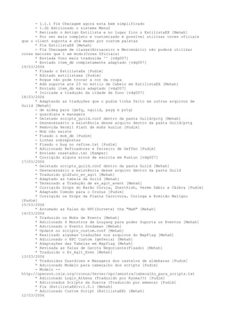 - 1.1.1 Fix Checagem agora esta bem simplificado
      - 1.2b Adicionado o sistema Menu2
      * Retirado o Antigo Estilista e no lugar fico o EstilistaEX [Mehah]
      - Por ser mais completo e customizado é possível utilizar cores oficiais
que o client suporta e até mesmo por custom paletas
      * Fix EstilistaEX [Mehah]
      - Fix Checagem de classe(Arruaceiro e Mercenário) não poderá utilizar
cores maiores que 1 em modo(Cores Oficiais)
      * Enviada Yuno mais traduzida ^^ [vdg007]
      * Enviado item_db completamente adaptado [vdg007]
19/03/2006
      * Fixado o EstilistaEx [Pudim]
      * Editado estilistaex [Pudim]
      - Rogue não pode trocar a cor da roupa
      * Add suporte ate 23 no estilo de Cabelo em EstilistaEX [Mehah]
      * Enviado item_db mais adaptado [vdg007]
      * Iniciada a tradução da cidade de Yuno [vdg007]
18/03/2006
      * Adaptando as traduções que o pudim tinha feito em outras arquivos de
Guild [Mehah]
      - de aldeg para (gefg, nguild, payg e prtg)
      - guardians e managers
      * Deletado scripts_guild.conf dentro da pasta Guild/prtg [Mehah]
      - Desnecessário a existência desse arquivo dentro da pasta Guild/prtg
      * Removida Hermit Plant de mobs kunlun [Pudim]
      - Mob não existe
      * Fixado o mob_db [Pudim]
      - Linhas sobrepostas
      * Fixado o bug no refine.txt [Pudim]
      * Adicionado Refinadores e ferreiro de Geffen [Pudim]
      * Enviado resetador.txt [Kamper]
      * Corrigido alguns erros de escrita em Kunlun [vdg007]
17/03/2006
      * Deletado scripts_guild.conf dentro da pasta Guild [Mehah]
      - Desnecessário a existência desse arquivo dentro da pasta Guild
      * Traduzido gldfunc_ev_agit [Mehah]
      * Adaptado as tabela da Guild [Mehah]
      * Terminado a Tradução de ev_agit_event [Mehah]
      * Corrigido Drops do Barão Coruja, Zherthlsh, Verme Sábio e Cãibra [Pudim]
      * Adaptado Comodo para o Cronus [Pudim]
      * Corrigido os Drops da Planta Carnívora, Coringa e Ermitão Malígno
[Pudim]
15/03/2006
      * Arrumado as Falas do NPC(Sorvete) thx "MaN" [Mehah]
14/03/2006
      * Traduzido os Mobs de Evento [Mehah]
      * Adicionado 4 Monstros de Louyang para poder Suporta os Eventos [Mehah]
      * Adicionado o Evento Zondaman [Mehah]
      * Update no scripts_custom.conf [Mehah]
      * Realizado algumas traduções nos arquivos do MapFlag [Mehah]
      * Adicionado o NPC Custom (gefenia) [Mehah]
      * Adaptações das Tabelas em Mapflag [Mehah]
      * Revisada as falas de Garota Negociante(Fixado) [Mehah]
      * Traduzido o Ev_Agit_Even [Mehah]
13/03/2006
      * Traduzidos Guardioes e Managers dos castelos de aldebaran [Pudim]
      * Adicionado Modelo para cabeçalho dos scripts [Pudim]
      - Modelo ->
http://opensvn.csie.org/cronus/Server/npc/amostra/cabecalho_para_scripts.txt
      * Adicionado Login_Athena (Traduzido por Ryoma??) [Pudim]
      * Adicionados Scripts da Guerra (Traduzido por emeeca) [Pudim]
      * Fix (EstilistaEX)v:1.0.1 [Mehah]
      * Adicionado Custom Script (EstilistaEX) [Mehah]
12/03/2006
 