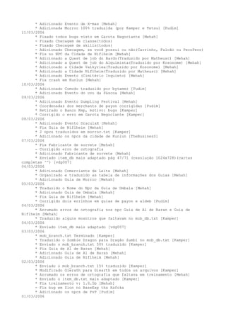 * Adicionado Evento de X-mas [Mehah]
      * Adicionada Morroc 100% traduzida (por Kamper e Tetsu) [Pudim]
11/03/2006
      * Fixado todos bugs visto em Garota Negociante [Mehah]
      - Fixado Checagem de classe(todos)
      - Fixado Checagem de skills(todos)
      - Adicionado Checagem, se você possui ou não(Carrinho, Falcão ou PecoPeco)
      * Fix no NPC da Cidade de Niflheim [Mehah]
      * Adicionado a Quest de job do Bardo(Traduzido por Matheusc) [Mehah]
      * Adicionado a Quest de job do Alquimista(Traduzido por Kosonome) [Mehah]
      * Adicionado a Cidade Valkyriea(Traduzido por Kosonome) [Mehah]
      * Adicionado a Cidade Niflheim(Traduzido por Matheusc) [Mehah]
      * Adicionado Evento (Cimitério Inquieto) [Mehah]
      * Fix crash em Kunlun [Mehah]
10/03/2006
      * Adicionado Comodo traduzido por bytamer [Pudim]
      * Adicionado Evento do ovo da Páscoa [Mehah]
09/03/2006
      * Adicionado Evento Dumpling Festival [Mehah]
      * Coordenadas dos merchants de payon corrigidas [Pudim]
      * Retirado o Banco Kmp, motivo: bugs [Kamper]
      * Corrigido o erro em Garota Negociante [Kamper]
08/03/2006
      * Adicionado Evento DraculaX [Mehah]
      * Fix Guia de Niflheim [Mehah]
      * 2 npcs traduzidos em morroc.txt [Kamper]
      * Adicionado os npcs da cidade de Kunlun [TheBusinesS]
07/03/2006
      * Fix Fabricante de sorvete [Mehah]
      - Corrigido erro de ortografia
      * Adicionado Fabricante de sorvete [Mehah]
      * Enviado item_db mais adaptado pág 47/71 (resolução 1024x728)(cartas
completas ^^) [vdg007]
06/03/2006
      * Adicionado Comerciante de Leite [Mehah]
      * Organizado e traduzido as tabela de informações dos Guias [Mehah]
      * Adicionado Guia de Morroc [Mehah]
05/03/2006
      * Traduzido o Nome do Npc da Guia de Umbala [Mehah]
      * Adicionado Guia de Umbala [Mehah]
      * Fix Guia de Niflheim [Mehah]
      * Corrigido dois errinhos em guias de payon e aldeb [Pudim]
04/03/2006
      * Arrumado erros de ortografia nos npc Guia de Al de Baran e Guia de
Niflheim [Mehah]
      * Traduzido alguns mosntros que faltavam no mob_db.txt [Kamper]
04/03/2006
      * Enviado item_db mais adaptado [vdg007]
03/03/2006
      * mob_branch.txt Terminado [Kamper]
      * Traduzido o Zombie Dragon para Dragão Zumbi no mob_db.txt [Kamper]
      * Enviado o mob_branch.txt 50% traduzido [Kamper]
      * Fix Guia de Al de Baran [Mehah]
      * Adicionado Guia de Al de Baran [Mehah]
      * Adicionado Guia de Niflheim [Mehah]
02/03/2006
      * Enviado o mob_branch.txt 15% traduzido [Kamper]
      * Modificado Gierath para Giearth em todos os arquivos [Kamper]
      * Arrumado os erros de ortografia que faltava em treinamento [Mehah]
      * Enviado o item_db.txt mais adaptado [Kamper]
      * Fix treinamento v: 1.0.5b [Mehah]
      - Fix bug em Zion no BaseExp thx Rafoka
      * Adicionado os npcs de PvP [Pudim]
01/03/2006
 
