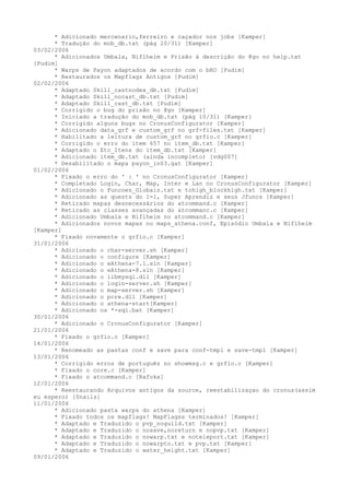 * Adicionado mercenario,ferreiro e caçador nos jobs [Kamper]
      * Tradução do mob_db.txt (pág 20/31) [Kamper]
03/02/2006
      * Adicionados Umbala, Niflheim e Prisão à descrição do @go no help.txt
[Pudim]
      * Warps de Payon adaptados de acordo com o bRO [Pudim]
      * Restaurados os Mapflags Antigos [Pudim]
02/02/2006
      * Adaptado Skill_castnodex_db.txt [Pudim]
      * Adaptado Skill_nocast_db.txt [Pudim]
      * Adaptado Skill_cast_db.txt [Pudim]
      * Corrigido o bug do prisão no @go [Kamper]
      * Iniciado a tradução do mob_db.txt (pág 10/31) [Kamper]
      * Corrigido alguns bugs no CronusConfigurator [Kamper]
      * Adicionado data_grf e custom_grf no grf-files.txt [Kamper]
      * Habilitado a leitura de custom_grf no grfio.c [Kamper]
      * Corrigido o erro do item 657 no item_db.txt [Kamper]
      * Adaptado o Etc_Itens do item_db.txt [Kamper]
      * Adicionado item_db.txt (ainda incompleto) [vdg007]
      * Desabilitado o mapa payon_in03.gat [Kamper]
01/02/2006
      * Fixado o erro do ' : ' no CronusConfigurator [Kamper]
      * Completado Login, Char, Map, Inter e Lan no CronusConfigurator [Kamper]
      * Adicionado o Funcoes_Globais.txt e tohigh_blockhigh.txt [Kamper]
      * Adicionado as quests do 1-1, Super Aprendiz e seus Jfuncs [Kamper]
      * Retirado mapas desnecessários do atcommand.c [Kamper]
      * Retirado as classes avançadas do atcommanc.c [Kamper]
      * Adicionado Umbala e Niflheim no atcommand.c [Kamper]
      * Adicionados novos mapas no maps_athena.conf, Episódio Umbala e Niflheim
[Kamper]
      * Fixado novamente o grfio.c [Kamper]
31/01/2006
      * Adicionado o char-server.sh [Kamper]
      * Adicionado o configure [Kamper]
      * Adicionado o eAthena-7.1.sln [Kamper]
      * Adicionado o eAthena-8.sln [Kamper]
      * Adicionado o libmysql.dll [Kamper]
      * Adicionado o login-server.sh [Kamper]
      * Adicionado o map-server.sh [Kamper]
      * Adicionado o pcre.dll [Kamper]
      * Adicionado o athena-start[Kamper]
      * Adicionado os *-sql.bat [Kamper]
30/01/2006
      * Adicionado o CronusConfigurator [Kamper]
21/01/2006
      * Fixado o grfio.c [Kamper]
14/01/2006
      * Renomeado as pastas conf e save para conf-tmpl e save-tmpl [Kamper]
13/01/2006
      * Corrigido erros de português no showmsg.c e grfio.c [Kamper]
      * Fixado o core.c [Kamper]
      * Fixado o atcommand.c [Rafoka]
12/01/2006
      * Reestaurando Arquivos antigos da source, reestabilizaçao do cronus(assim
eu espero) [Snails]
11/01/2006
      * Adicionado pasta warps do athena [Kamper]
      * Fixado todos os mapflags! MapFlagss terminados! [Kamper]
      * Adaptado e Traduzido o pvp_noguild.txt [Kamper]
      * Adaptado e Traduzido o nosave,noreturn e nopvp.txt [Kamper]
      * Adaptado e Traduzido o nowarp.txt e noteleport.txt [Kamper]
      * Adaptado e Traduzido o nowarpto.txt e pvp.txt [Kamper]
      * Adaptado e Traduzido o water_height.txt [Kamper]
09/01/2006
 