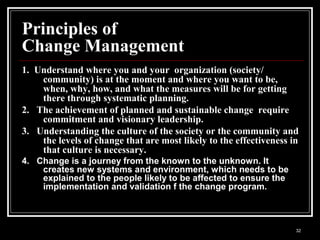 32
Principles of
Change Management
1. Understand where you and your organization (society/
community) is at the moment and where you want to be,
when, why, how, and what the measures will be for getting
there through systematic planning.
2. The achievement of planned and sustainable change require
commitment and visionary leadership.
3. Understanding the culture of the society or the community and
the levels of change that are most likely to the effectiveness in
that culture is necessary.
4. Change is a journey from the known to the unknown. It
creates new systems and environment, which needs to be
explained to the people likely to be affected to ensure the
implementation and validation f the change program.
 