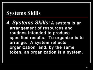 40
Systems Skills
4. Systems Skills: A system is an
arrangement of resources and
routines intended to produce
specified results. To organize is to
arrange. A system reflects
organization and, by the same
token, an organization is a system.
 