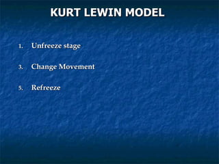 KURT LEWIN MODEL   <ul><ul><li>Unfreeze stage  </li></ul></ul><ul><ul><li>Change Movement  </li></ul></ul><ul><ul><li>Refr...