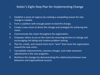 Kotter’s Eight-Step Plan for Implementing Change


1.   Establish a sense of urgency by creating a compelling reason for w...