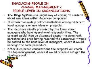 INVOLVING PEOPLE IN
               CHANGE MANAGEMENT /
         PEOPLE LEVER IN ORGANIZATIONS
•   The Ringi System is a un...