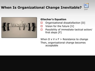 When Is Organizational Change Inevitable?


                       Gliecher’s Equation
                        Organisational dissatisfaction [D]
                        Vision for the future [V]
                        Possibility of immediate tactical action/
                           first steps [F]

                       When D x V x F > Resistance to change
                       Then, organisational change becomes
                          acceptable




                www.managementstudyguide.com
                                                                     12
 
