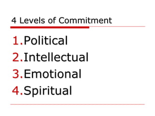 4 Levels of Commitment

1.Political
2.Intellectual
3.Emotional
4.Spiritual
 