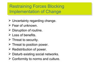 Restraining Forces Blocking
Restraining Forces Blocking
Implementation of Change
Implementation of Change










Uncertainty regarding change.
Fear of unknown.
Disruption of routine.
Loss of benefits.
Threat to security.
Threat to position power.
Redistribution of power.
Disturb existing social networks.
Conformity to norms and culture.

 