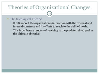 Theories of Organizational Changes
14


The teleological Theory:




It talks about the organization’s interaction with the external and
internal construct and its efforts to reach to the defined goals.
This is deliberate process of reaching to the predetermined goal as
the ultimate objective.

 