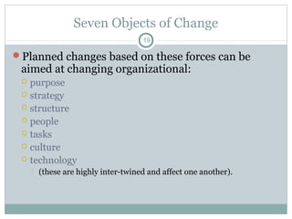 Seven Objects of Change
19

Planned changes based on these forces can be

aimed at changing organizational:
purpose
 strategy
 structure
 people
 tasks
 culture
 technology




(these are highly inter-twined and affect one another).

 