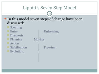 Lippitt’s Seven Step Model
22

In this model seven steps of change have been

discussed:








Scouting
Entry
Diagnosis
Planning
Action
Stabilization
Evolution.

Unfreezing
Moving
Freezing

 