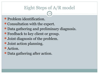 Eight Steps of A/R model
24

Problem identification.
Consultation with the expert.
Data gathering and preliminary diagnosis.
Feedback to key client or group.
Joint diagnosis of the problem.
Joint action planning.
Action.
Data gathering after action.

 
