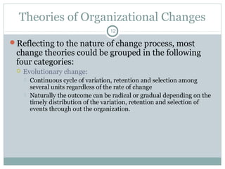 Theories of Organizational Changes
12

Reflecting to the nature of change process, most

change theories could be grouped...