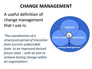 CHANGE MANAGEMENT
A useful definition of
change management
that I use is:
‘The coordination of a
structured period of transition
from Current undesirable
state to an improved desired
future state ; with an aim to
achieve lasting change within
an organization'.
 