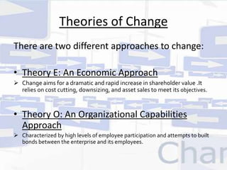 Theories of Change 
There are two different approaches to change: 
• Theory E: An Economic Approach 
 Change aims for a dramatic and rapid increase in shareholder value .It 
relies on cost cutting, downsizing, and asset sales to meet its objectives. 
• Theory O: An Organizational Capabilities 
Approach 
 Characterized by high levels of employee participation and attempts to built 
bonds between the enterprise and its employees. 
 
