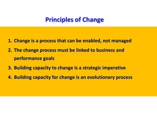 1. Change is a process that can be enabled, not managed
2. The change process must be linked to business and
performance goals
3. Building capacity to change is a strategic imperative
4. Building capacity for change is an evolutionary process
Principles of Change
 