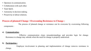• Openness in communication.
• Collaboration with each other.
• Team Spirit.
• Autonomy in decision making.
• Proactivity in labour relations.
Process of planned Change / Overcoming Resistance to Change :
The process of planned change or resistance can be overcome by overcoming following
components :
a) Communication :
Effective communication clears misunderstandings and provides logic for change.
Resistance to change may subside when the need for change is properly understood.
b) Participation :
Employee involvement in planning and implementation of change removes resistance to
change.
 