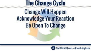 The Change Cycle
Be Open To Change
Change Will Happen
Acknowledge Your Reaction
SwiftKickHQ.com --- @TomKrieglstein
 