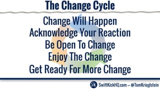 The Change Cycle
SwiftKickHQ.com --- @TomKrieglstein
Change Will Happen
Be Open To Change
Enjoy The Change
Acknowledge Your Reaction
Get Ready For More Change
 