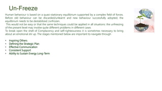 Un-Freeze
Human behaviour is based on a quasi-stationary equilibrium supported by a complex field of forces.
Before old behaviour can be discarded/unlearnt and new behaviour successfully adopted, the
equilibrium needs to be destabilized /unfrozen.
This would not be easy or that the same techniques could be applied in all situations: the unfreezing
of the present level may involve quite different problems in different cases
To break open the shell of Complacency and self-righteousness it is sometimes necessary to bring
about an emotional stir up. The stages mentioned below are important to navigate through
• Inspiring Others
• Defining the Strategic Plan
• Effective Communication
• Consistent Support
• Ability to Sustain Energy Long-Term
 