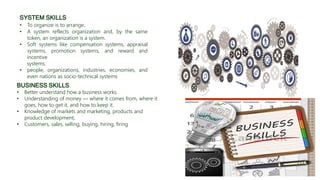 SYSTEM SKILLS
• To organize is to arrange.
• A system reflects organization and, by the same
token, an organization is a system.
• Soft systems like compensation systems, appraisal
systems, promotion systems, and reward and
incentive
systems.
• people, organizations, industries, economies, and
even nations as socio-technical systems
BUSINESS SKILLS
• Better understand how a business works.
• Understanding of money — where it comes from, where it
goes, how to get it, and how to keep it.
• Knowledge of markets and marketing, products and
product development,
• Customers, sales, selling, buying, hiring, firing
 
