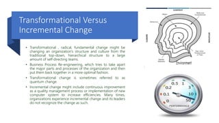 Transformational Versus
Incremental Change
• Transformational , radical, fundamental change might be
changing an organization’s structure and culture from the
traditional top-down, hierarchical structure to a large
amount of self-directing teams.
• Business Process Re-engineering, which tries to take apart
the major parts and processes of the organization and then
put them back together in a more optimal fashion.
• Transformational change is sometimes referred to as
quantum change.
• Incremental change might include continuous improvement
as a quality management process or implementation of new
computer system to increase efficiencies. Many times,
organizations experience incremental change and its leaders
do not recognize the change as such.
 