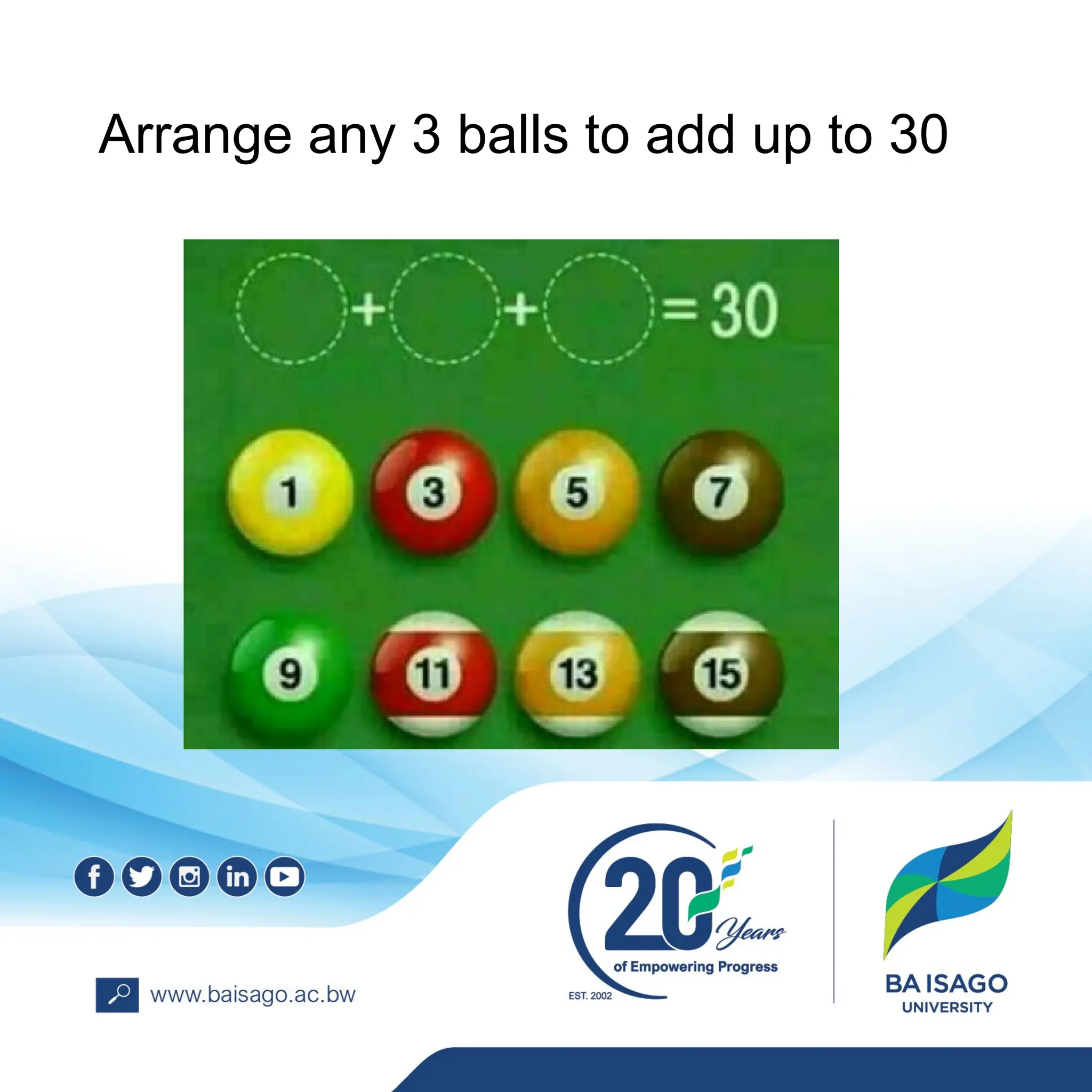 Arrange any 3 balls to add up to 30
 