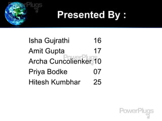 Presented By :
Isha Gujrathi 16
Amit Gupta 17
Archa Cuncolienker 10
Priya Bodke 07
Hitesh Kumbhar 25
 