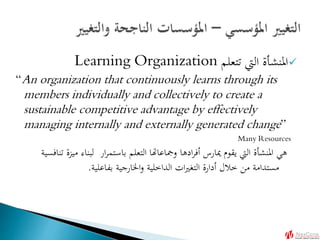 ‫تتعلم‬ ‫اليت‬ ‫املنشأة‬Learning Organization
“An organization that continuously learns through its
members individually and collectively to create a
sustainable competitive advantage by effectively
managing internally and externally generated change”
Many Resources
‫لبناء‬ ‫ار‬‫ر‬‫باستم‬ ‫التعلم‬ ‫ومجاعاهتا‬ ‫ادها‬‫ر‬‫أف‬ ‫ميارس‬ ‫يقوم‬ ‫اليت‬ ‫املنشأة‬ ‫هي‬‫تنافسية‬ ‫ميزة‬
‫بفاعلية‬ ‫اخلارجية‬‫و‬ ‫الداخلية‬ ‫ات‬‫ري‬‫التغ‬ ‫أدارة‬ ‫خالل‬ ‫من‬ ‫مستدامة‬.
 