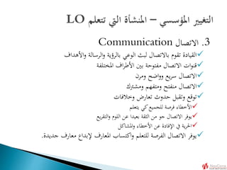 3.‫االتصال‬Communication
‫األهداف‬‫و‬ ‫الرسالة‬‫و‬ ‫بالرؤية‬ ‫الوعي‬ ‫لبث‬ ‫باالتصال‬ ‫تقوم‬ ‫القيادة‬
‫املختلفة‬ ‫اف‬‫ر‬‫األط‬ ‫بني‬ ‫مفتوحة‬ ‫االتصال‬ ‫ات‬‫و‬‫قن‬
‫ومرن‬ ‫اضح‬‫و‬‫و‬ ‫يع‬‫ر‬‫س‬ ‫االتصال‬
‫ومشرتك‬ ‫ومتفهم‬ ‫منفتح‬ ‫االتصال‬
‫وخالفات‬ ‫تعارض‬ ‫حدوث‬ ‫وتقبل‬ ‫توقع‬
‫يتعلم‬ ‫كي‬‫للجميع‬ ‫فرصة‬ ‫األخطاء‬
‫يع‬‫ر‬‫التق‬‫و‬ ‫اللوم‬ ‫عن‬ ‫بعيدا‬ ‫الثقة‬ ‫من‬ ‫جو‬ ‫االتصال‬ ‫يوفر‬
‫املشاكل‬‫و‬ ‫األخطاء‬ ‫عن‬ ‫اإلفادة‬ ‫يف‬ ‫ية‬‫ر‬‫احل‬
‫جديد‬ ‫معارف‬ ‫إلبداع‬ ‫املعارف‬ ‫اكتساب‬‫و‬ ‫للتعلم‬ ‫الفرصة‬ ‫االتصال‬ ‫يوفر‬‫ة‬.
 