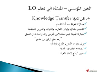 4.‫املعرفة‬ ‫نقل‬Knowledge Transfer
‫للتعلم‬ ‫أداة‬ ‫أهم‬ ‫املعرفة‬ ‫كة‬‫مشار‬
‫املستفادة‬ ‫الدروس‬‫و‬ ‫ات‬‫رب‬‫اخل‬‫و‬ ‫املعارف‬ ‫وتبادل‬ ‫كة‬‫مشار‬ ‫تشجيع‬
‫العمل‬ ‫يف‬ ‫اجلديد‬ ‫وإبداع‬ ‫الفرص‬ ‫استخالص‬ ‫تتيح‬ ‫املعرفة‬ ‫كة‬‫مشار‬
”‫سامع‬ ‫من‬ ‫اوعى‬ ِ‫غ‬‫مبل‬ ‫رب‬“
‫للعاملني‬ ‫املعريف‬ ‫املخزون‬ ‫وإتاحة‬ ‫توفري‬
‫احلديثة‬ ‫التقنيات‬ ‫استخدام‬
‫املعرفة‬ ‫إلدارة‬ ‫منوذج‬ ‫تطوير‬
 