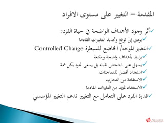 ‫الفرد‬ ‫حياة‬ ‫يف‬ ‫اضحة‬‫و‬‫ال‬ ‫األهداف‬ ‫وجود‬ ‫أثر‬:
‫القادمة‬ ‫ات‬‫ري‬‫التغي‬ ‫وحتديد‬ ‫توقع‬ ‫إىل‬ ‫يودي‬
‫املوجه‬ ‫التغيري‬/‫للسيطرة‬ ‫اخلاضع‬Controlled Change
‫ومقنعة‬ ‫اضحة‬‫و‬ ‫بأهداف‬ ‫تبط‬‫ر‬‫ي‬
‫مهة‬ ‫بكل‬ ‫حنوه‬ ‫يسعى‬ ‫بل‬ ‫تقبله‬ ‫الشخص‬ ‫على‬ ‫يسهل‬
‫للمفاجئات‬ ‫أفضل‬ ‫استعداد‬
‫التجارب‬ ‫من‬ ‫االستفادة‬
‫القادمة‬ ‫ات‬‫ري‬‫التغ‬ ‫من‬ ‫يد‬‫ز‬‫مل‬ ‫االستعداد‬
‫امل‬ ‫التغيري‬ ‫تدعم‬ ‫التغيري‬ ‫مع‬ ‫التعامل‬ ‫على‬ ‫الفرد‬ ‫قدرة‬‫ؤسسي‬
 