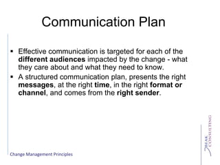Change Management Principles
Communication Plan
 Effective communication is targeted for each of the
different audiences impacted by the change - what
they care about and what they need to know.
 A structured communication plan, presents the right
messages, at the right time, in the right format or
channel, and comes from the right sender.
 