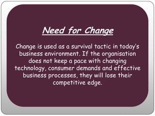 Need for Change
Change is used as a survival tactic in today’s
  business environment. If the organisation
     does not keep a pace with changing
technology, consumer demands and effective
   business processes, they will lose their
              competitive edge.
 