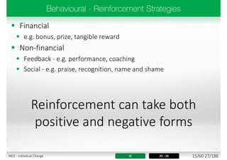  Financial
 e.g. bonus, prize, tangible reward
 Non-financial
 Feedback - e.g. performance, coaching
 Social - e.g. praise, recognition, name and shame
Reinforcement can take both
positive and negative forms
IC 25 - 26 15/60 27/186M02 - Individual Change
 