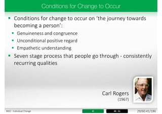  Conditions for change to occur on ‘the journey towards
becoming a person’:
 Genuineness and congruence
 Unconditional positive regard
 Empathetic understanding
 Seven stage process that people go through - consistently
recurring qualities
IC 49 - 51
Carl Rogers
(1967)
29/60 41/186M02 - Individual Change
 