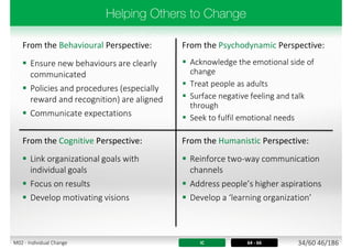 From the Behavioural Perspective: From the Psychodynamic Perspective:
 Acknowledge the emotional side of
change
 Treat people as adults
 Surface negative feeling and talk
through
 Seek to fulfil emotional needs
 Reinforce two-way communication
channels
 Address people’s higher aspirations
 Develop a ‘learning organization’
 Ensure new behaviours are clearly
communicated
 Policies and procedures (especially
reward and recognition) are aligned
 Communicate expectations
 Link organizational goals with
individual goals
 Focus on results
 Develop motivating visions
From the Cognitive Perspective: From the Humanistic Perspective:
IC 64 - 66 34/60 46/186M02 - Individual Change
 