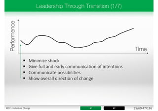  Minimize shock
 Give full and early communication of intentions
 Communicate possibilities
 Show overall direction of change
IC 67 35/60 47/186M02 - Individual Change
 