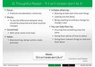  Focus:
 Practical considerations, continuity
 Wants:
 To see the difference between what
should be preserved and what could be
changed
 Concerned:
 With what needs to be kept.
 Hates:
 Brainstorming, being rushed, empty
promises
 Irritates others by:
 Wanting to take their time over things
 Looking into the detail
 Being unwilling to embrace change for
change’s sake
 You can help them by:
 Ensuring that something stays the
same
 Giving them plenty of time to adjust
 Giving them relevant things to read and
think about
IC 59
Motto:
“If it isn’t broke don’t fix it”
46/60 58/186M02 - Individual Change
 