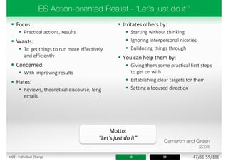  Focus:
 Practical actions, results
 Wants:
 To get things to run more effectively
and efficiently
 Concerned:
 With improving results
 Hates:
 Reviews, theoretical discourse, long
emails
 Irritates others by:
 Starting without thinking
 Ignoring interpersonal niceties
 Bulldozing things through
 You can help them by:
 Giving them some practical first steps
to get on with
 Establishing clear targets for them
 Setting a focused direction
IC 59
Motto:
“Let’s just do it”
47/60 59/186M02 - Individual Change
 