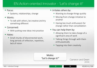  Focus:
 Systems, relationships, change
 Wants:
 To talk with others, be creative and try
something different
 Concerned:
 With putting new ideas into practice
 Hates:
 Small chunks of disconnected work,
long periods of reflection, repetition,
lack of vision
 Irritates others by:
 Wanting to change things quickly
 Moving from change initiative to
another
 Having too much enthusiasm for
change rather than consolidation
 You can help them by:
 Allowing them to take charge of a
significant area of work
 Talking things through with them
enthusiastically
 Tapping into their creativity
IC 59
Motto:
“Let’s change it!”
49/60 61/186M02 - Individual Change
 