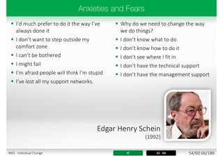  I’d much prefer to do it the way I’ve
always done it
 I don’t want to step outside my
comfort zone
 I can’t be bothered
 I might fail
 I’m afraid people will think I’m stupid
 I’ve lost all my support networks.
 Why do we need to change the way
we do things?
 I don’t know what to do
 I don’t know how to do it
 I don’t see where I fit in
 I don’t have the technical support
 I don’t have the management support
IC 61 - 64
Edgar Henry Schein
(1992)
54/60 66/186M02 - Individual Change
 