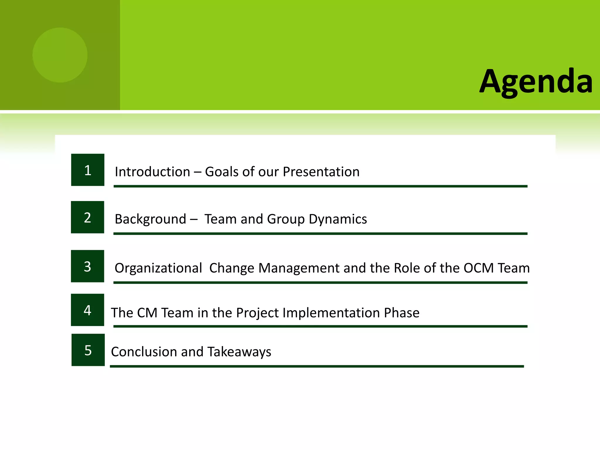Agenda

1   Introduction – Goals of our Presentation

2   Initial Situation & Approach
2   Background – Team and Group Dynamics

3   Identified Challenges
3   Organizational Change Management and the Role of the OCM Team

4
4   Recommendations
    The CM Team in the Project Implementation Phase

5   Conclusion and Takeaways
 
