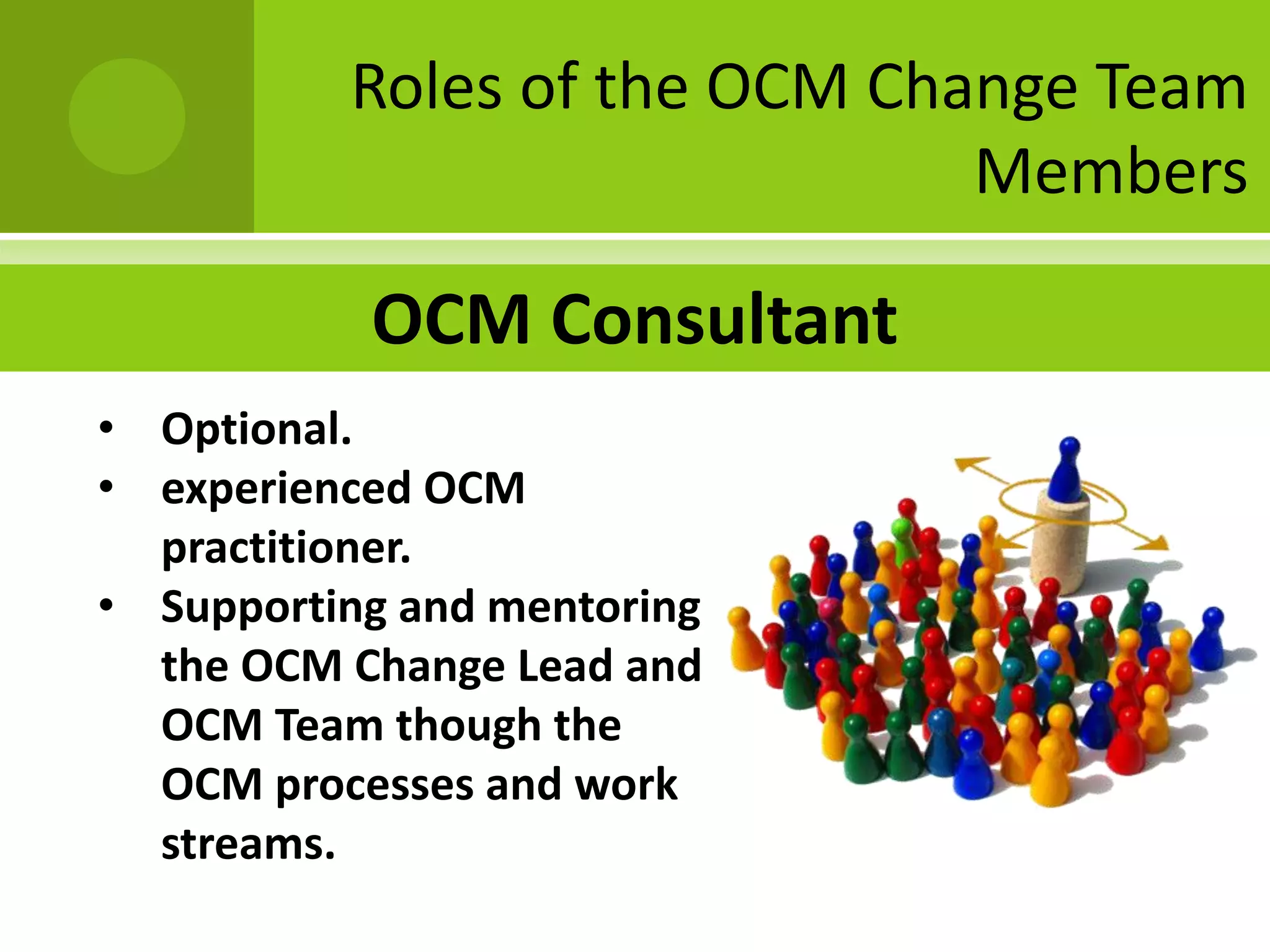 Roles of the OCM Change Team
                              Members

           OCM Consultant
• Optional.
• experienced OCM
  practitioner.
• Supporting and mentoring
  the OCM Change Lead and
  OCM Team though the
  OCM processes and work
  streams.
 
